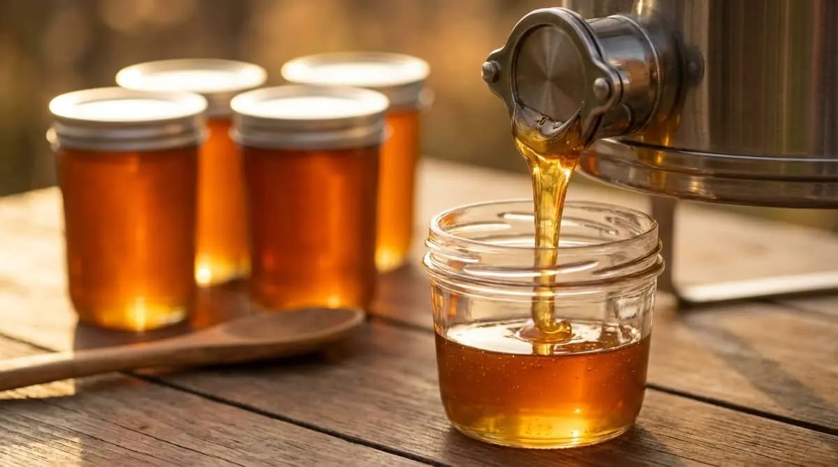 Golden honey being poured from a stainless steel gate into a jar