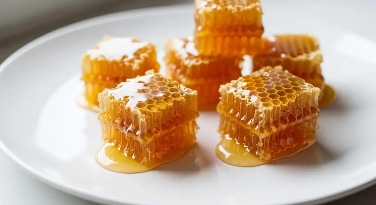 Golden honey with perfect consistency flowing in warm light