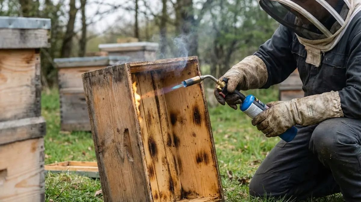 Beekeeper scorching an empty hive box with a gas torch for disinfection