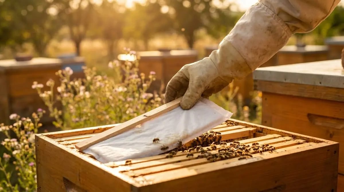 Formic acid evaporator in a beehive during Varroa treatment