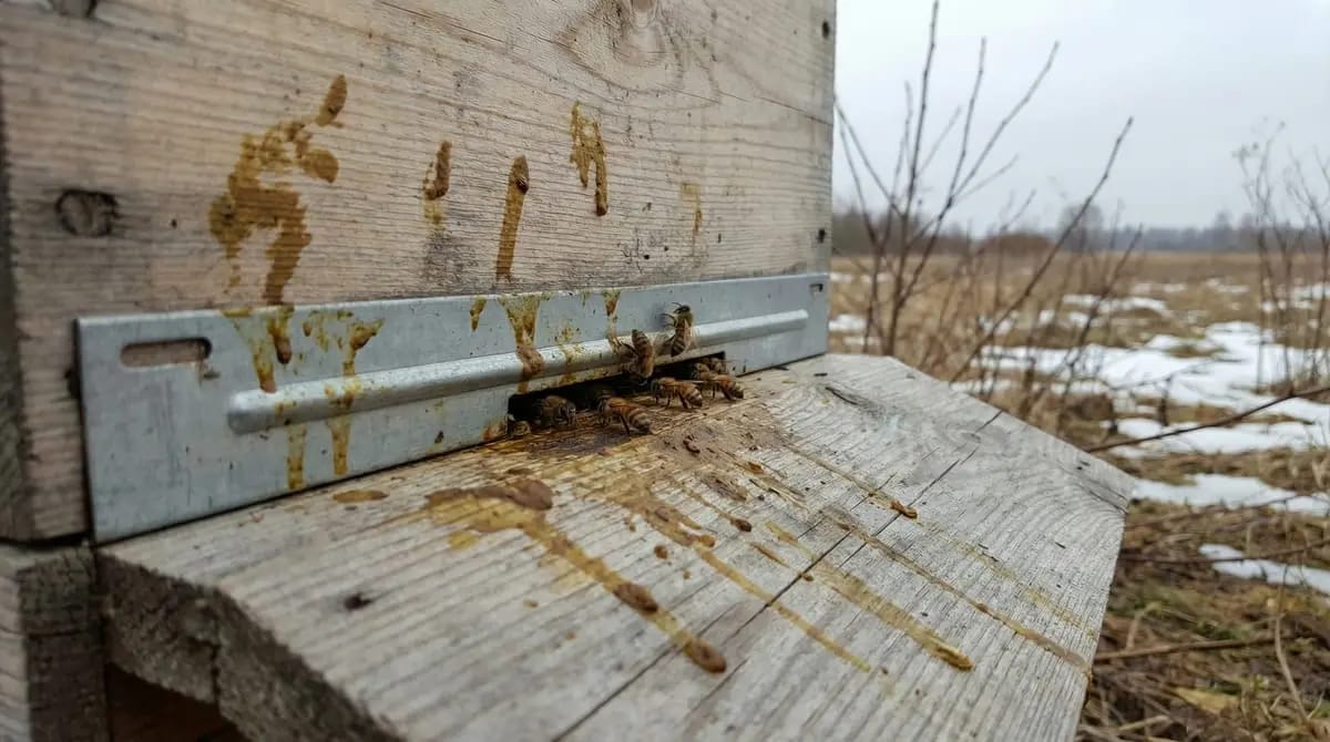 Nosemose-Symptome: Braun-gelbe Kotflecken auf dem Anflugbrett und der Beutenwand im Winter