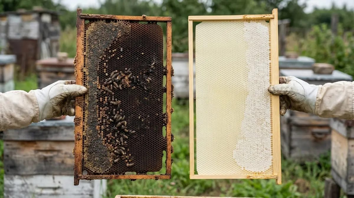 Comparison of an old black brood comb next to a fresh light foundation sheet
