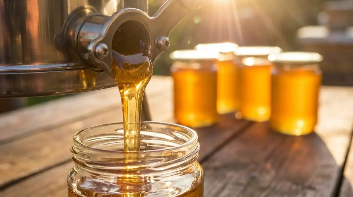 Golden honey flows in sun backlight from the metal tap of an extractor spigot into a mason jar, while several filled honey jars glow in the sunshine in the background.