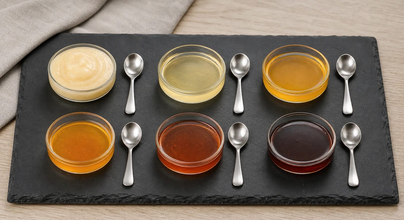 Six small glass dishes of honey from pale to dark on a slate board, each with a silver spoon