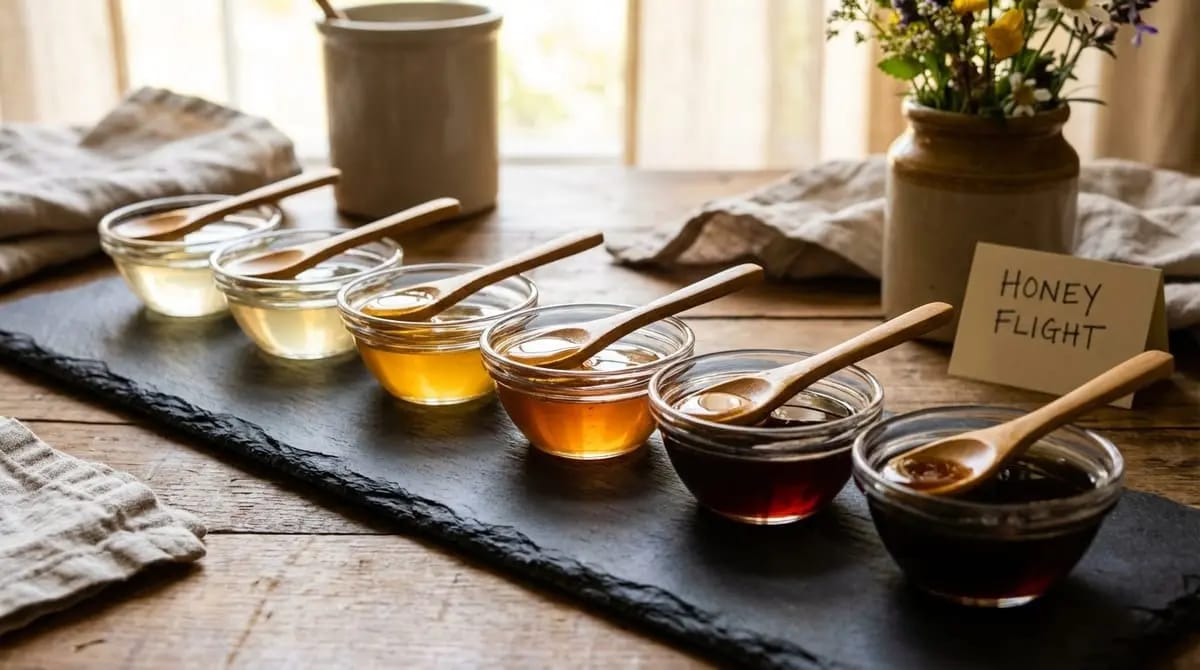 Six glass bowls of honey ranging from pale to dark brown, each with a wooden spoon, arranged on a slate board beside a card reading 'Honey Flight'.