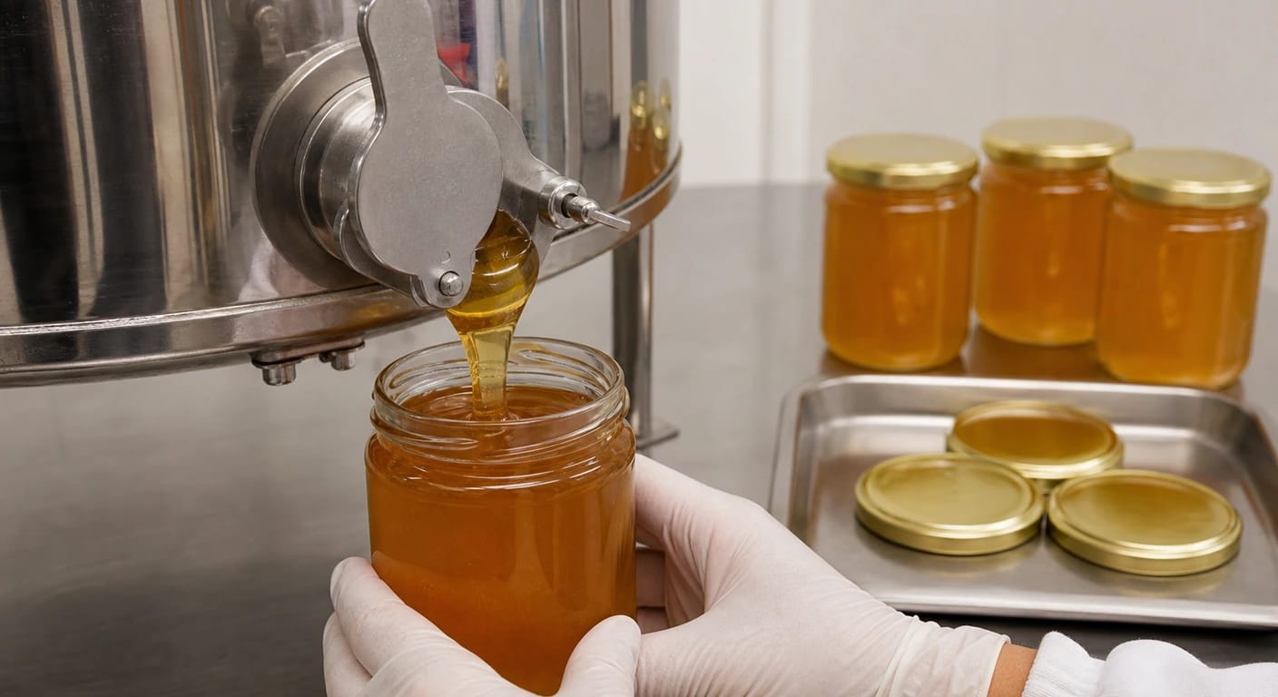 Gloved hands hold a jar under a stainless steel spigot pouring golden honey; filled jars in the background