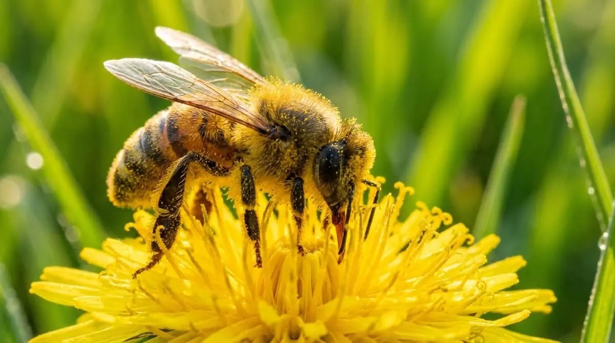 Honey bee collecting nectar from a flower in close-up