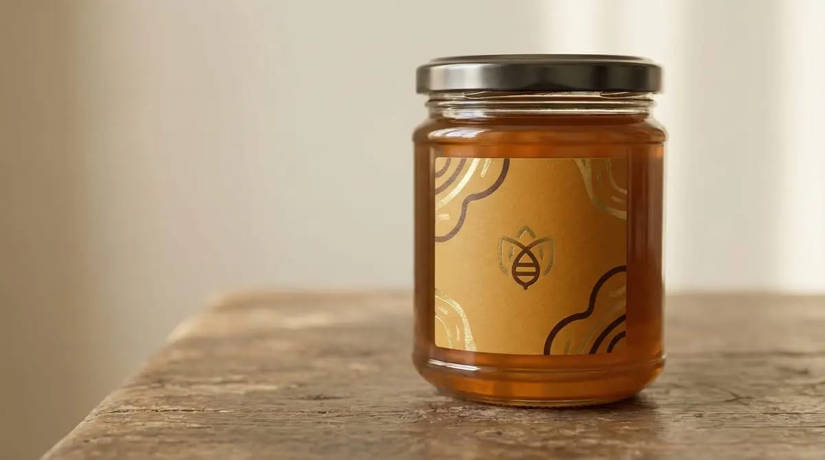 Honey jar with a professionally designed label
