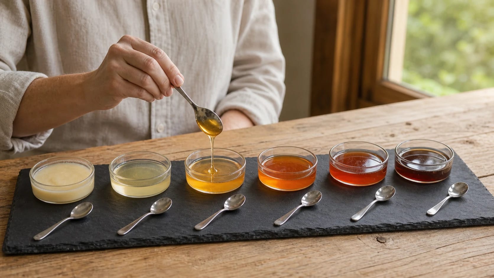Six small glass dishes of honey from pale to dark on a slate board, each with a silver spoon