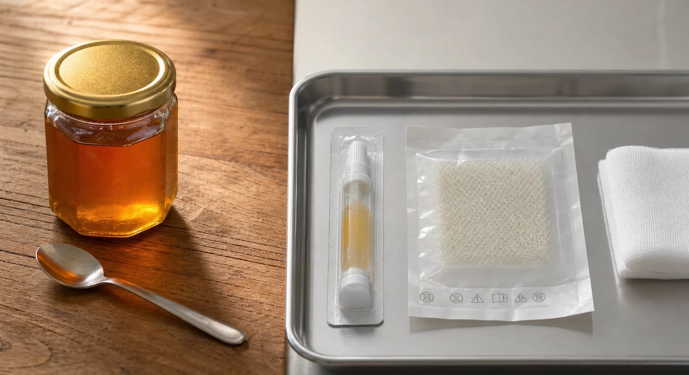 Honey jar with gold lid and spoon on wood beside a sterile tray with applicator, packaged gauze and rolled bandage