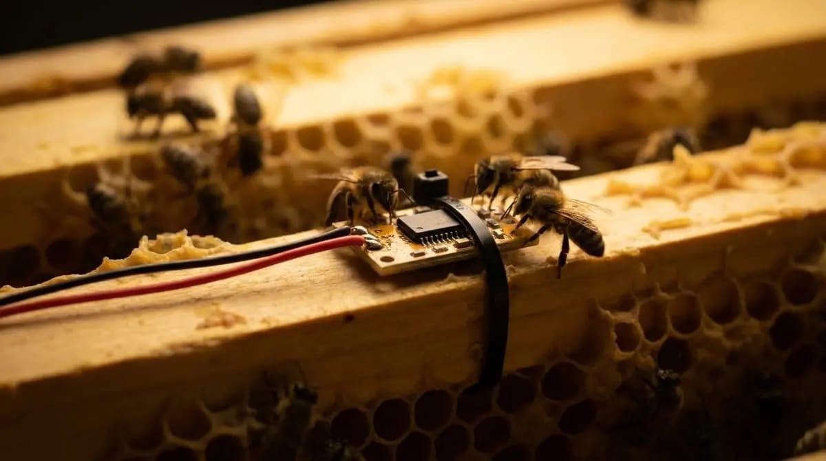 Elektronische Sensor-Platine mit Kabeln auf einem Rähmchen-Oberträger, umgeben von Bienen