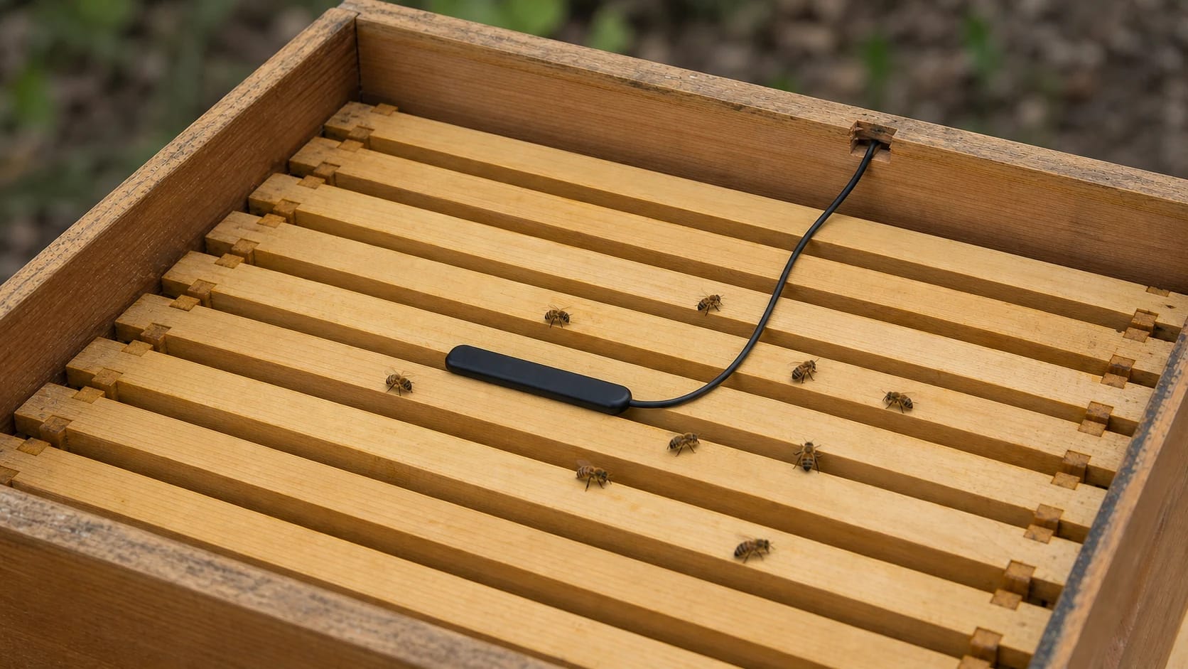 Flat sealed temperature probe positioned centrally on the top bars of an open hive