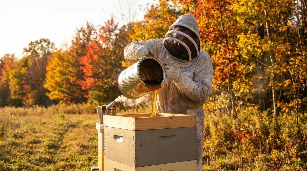Herbsteinfütterung mit Zuckersirup im Futtergeschirr