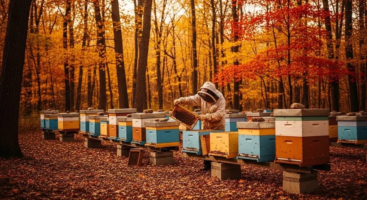 Apiary in golden October with autumn foliage