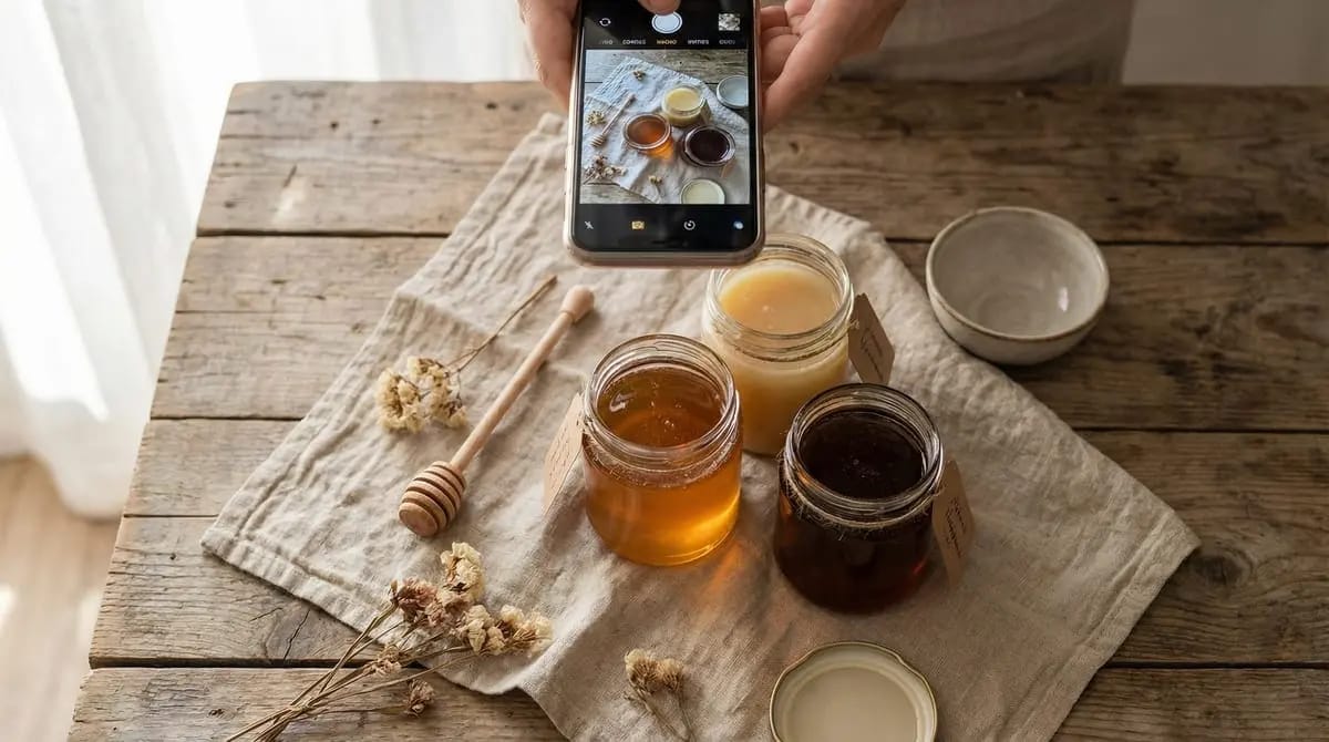 Honey jars arranged for product photography with smartphone