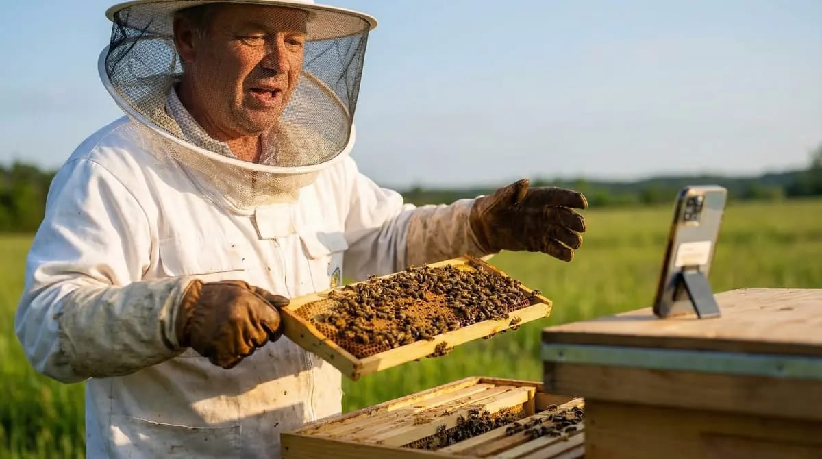 Beekeeper with leather gloves holding a brood frame while speaking -- smartphone on the hive cover