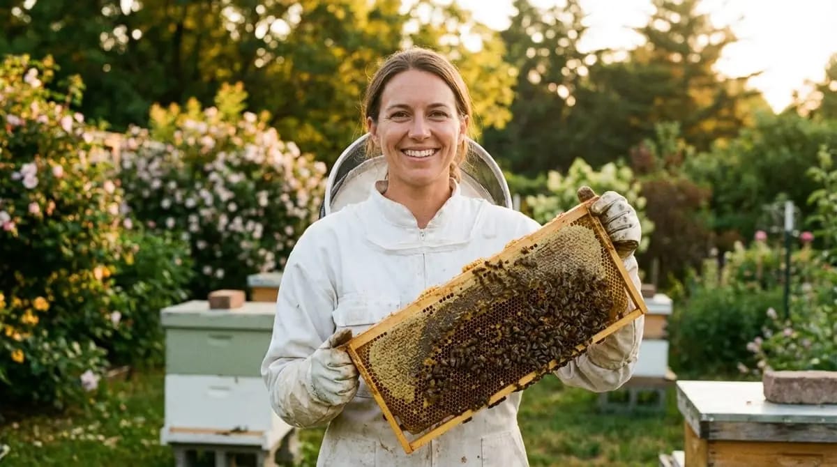 Proud beekeeper with her colony