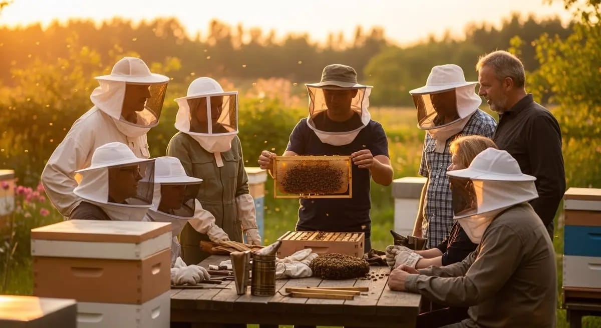 Group of beekeepers in conversation at a bee yard