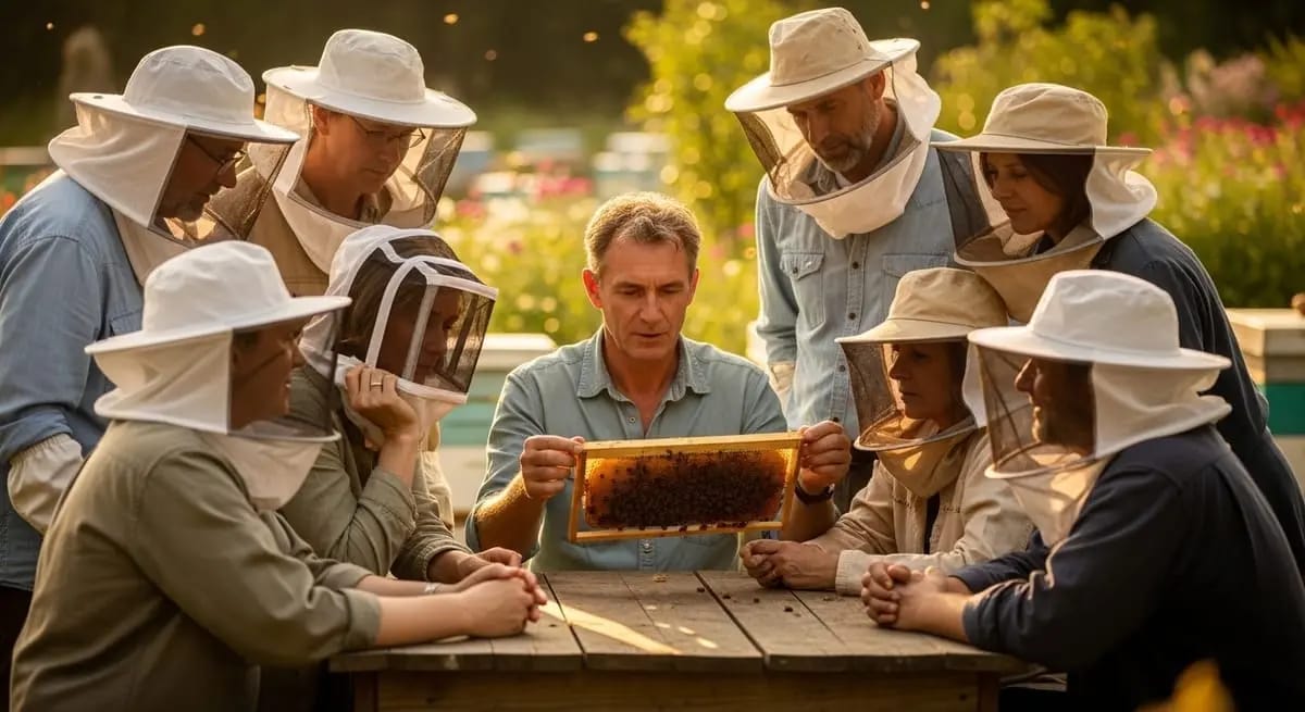 Imkerin im Gespräch mit Kunden beim Honigverkauf