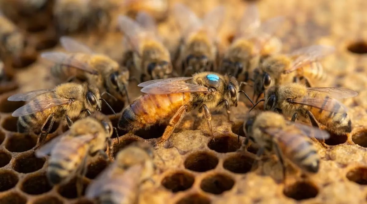 A blue-marked queen bee with an elongated, orange-tinted abdomen stands on capped brood, surrounded by numerous worker bees.
