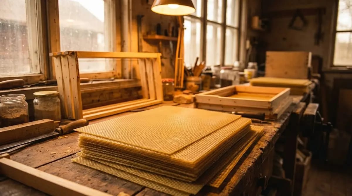 Embossed beeswax foundation sheets and empty wooden frames lie on an old workbench in a warmly lit beekeeper's workshop.