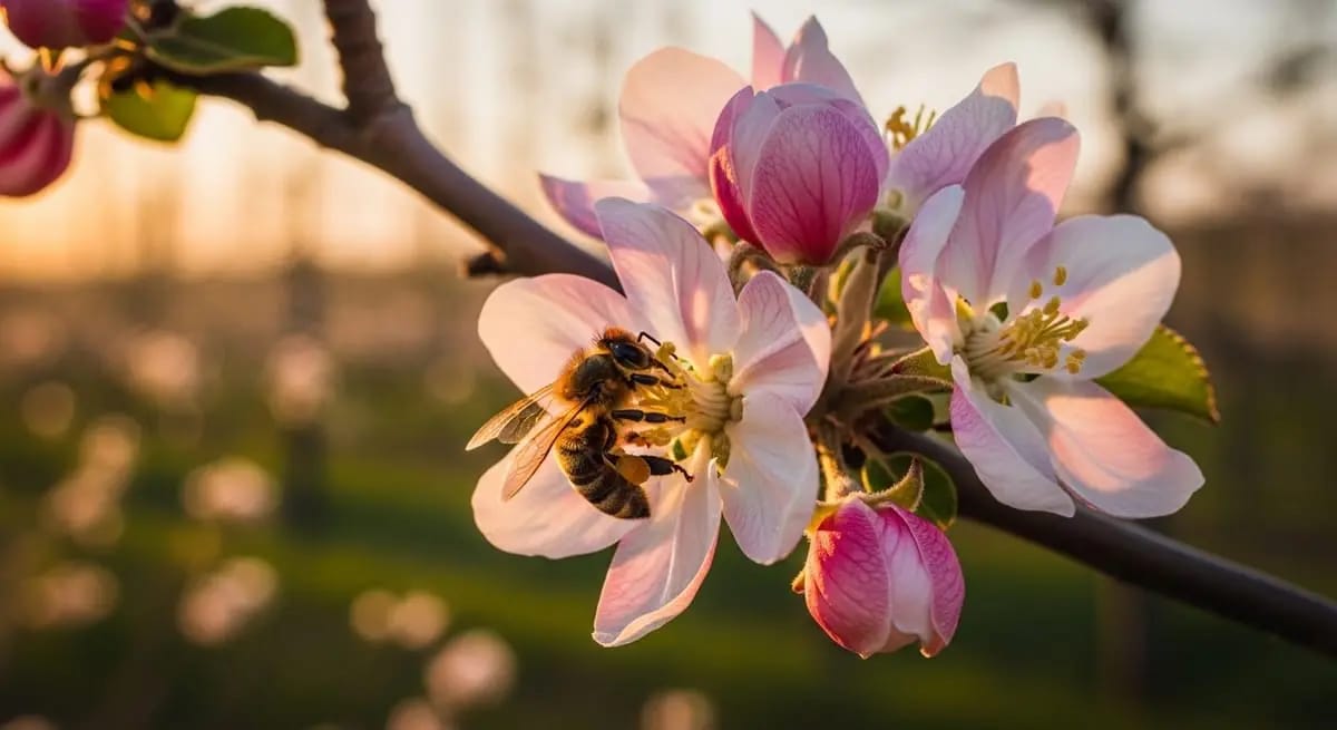 Bee on an apple blossom in close-up