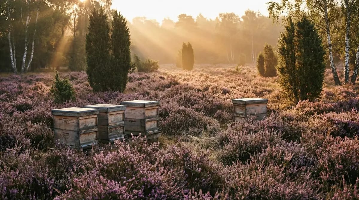 Magazinbeuten zwischen bluehendem Heidekraut in der Lueneburger Heide