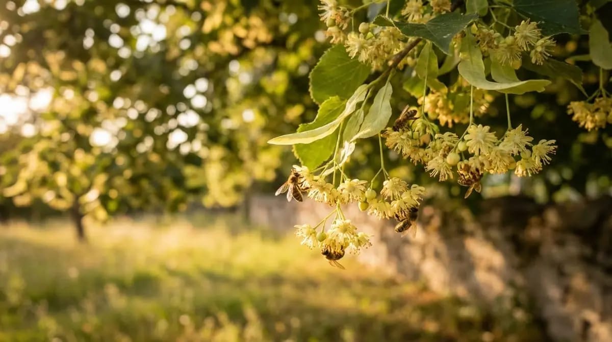 Honigbiene sammelt Nektar an Lindenblüten