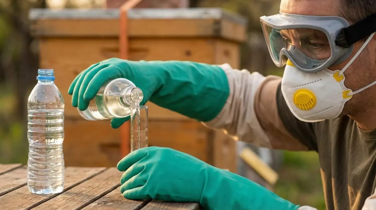 Beekeeper wearing green nitrile gloves, safety goggles, and FFP2 mask during acid treatment