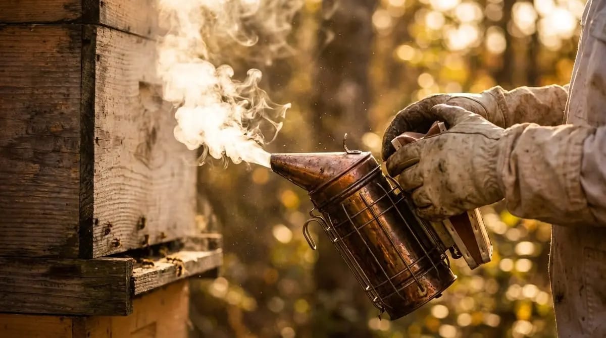 Copper-coloured smoker with leather bellows
