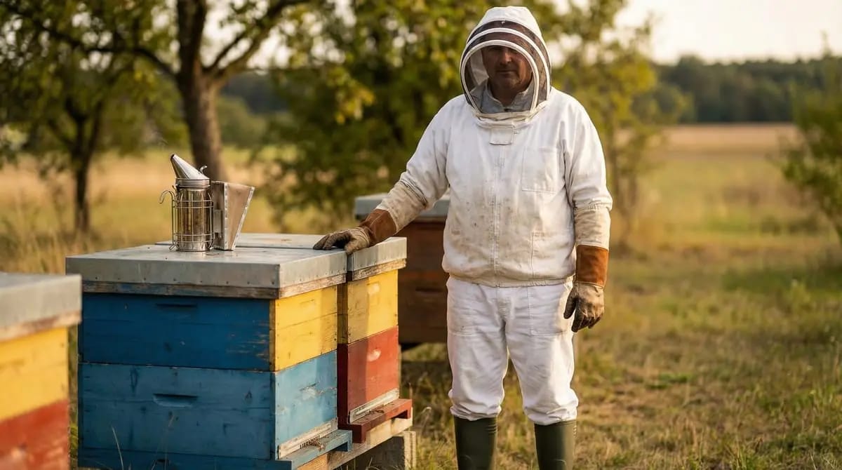 Beekeeper in full protective gear: white jacket with round veil, leather gloves, and boots