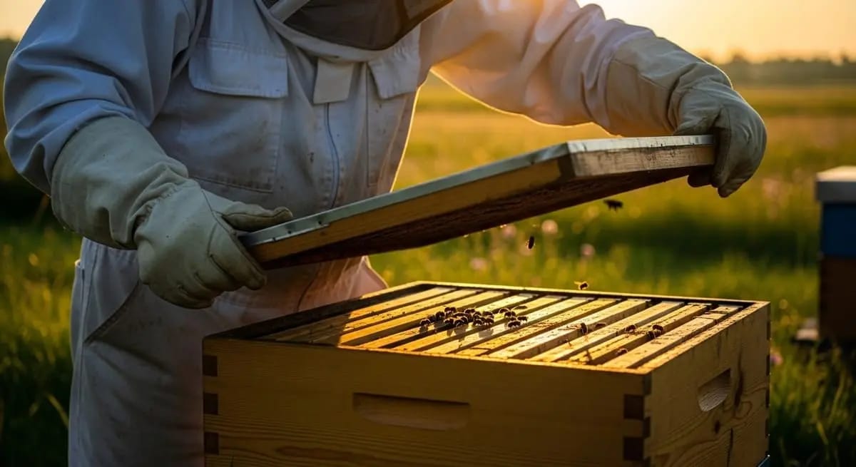 Imker öffnet Bienenstock zur Frühjahrskontrolle
