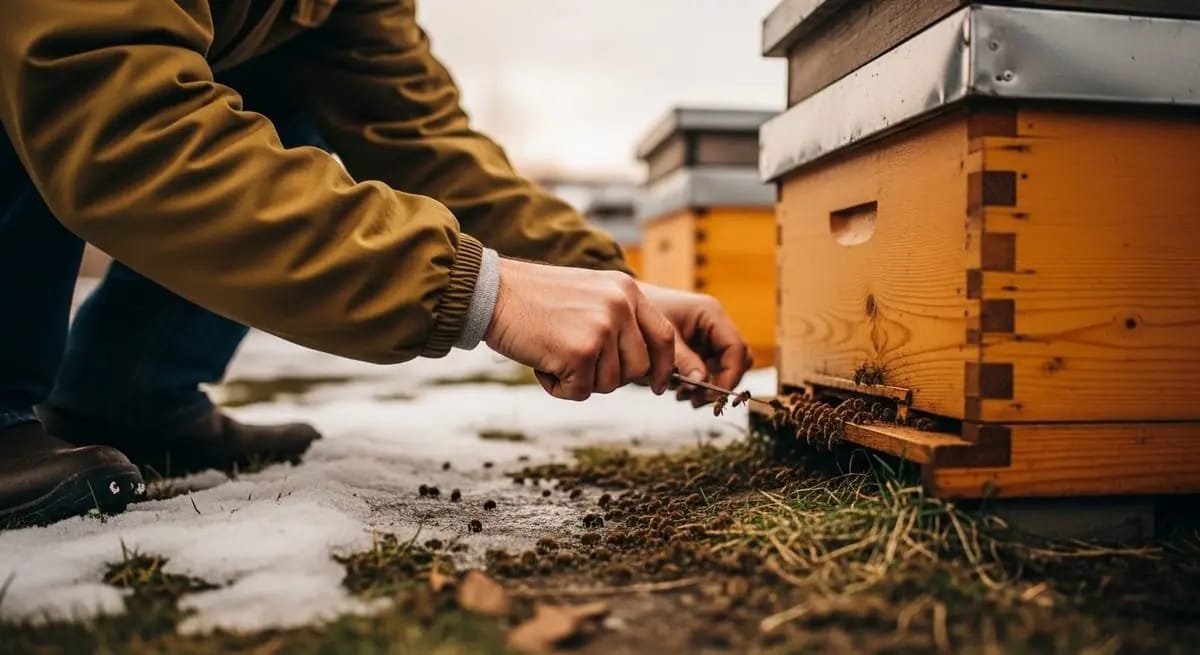Beekeeper inspecting a frame in warm light