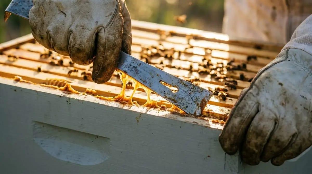 Hive tool being used to loosen a frame from the hive