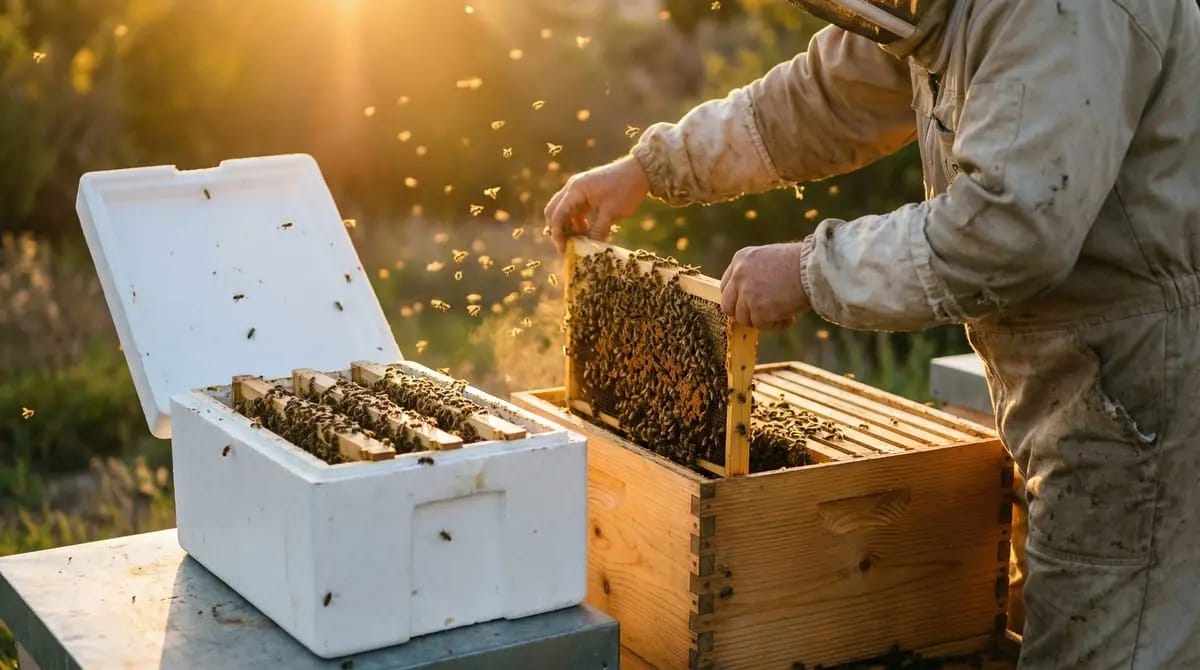 Beekeeper lifting a brood frame from a white polystyrene nuc box into a wooden hive