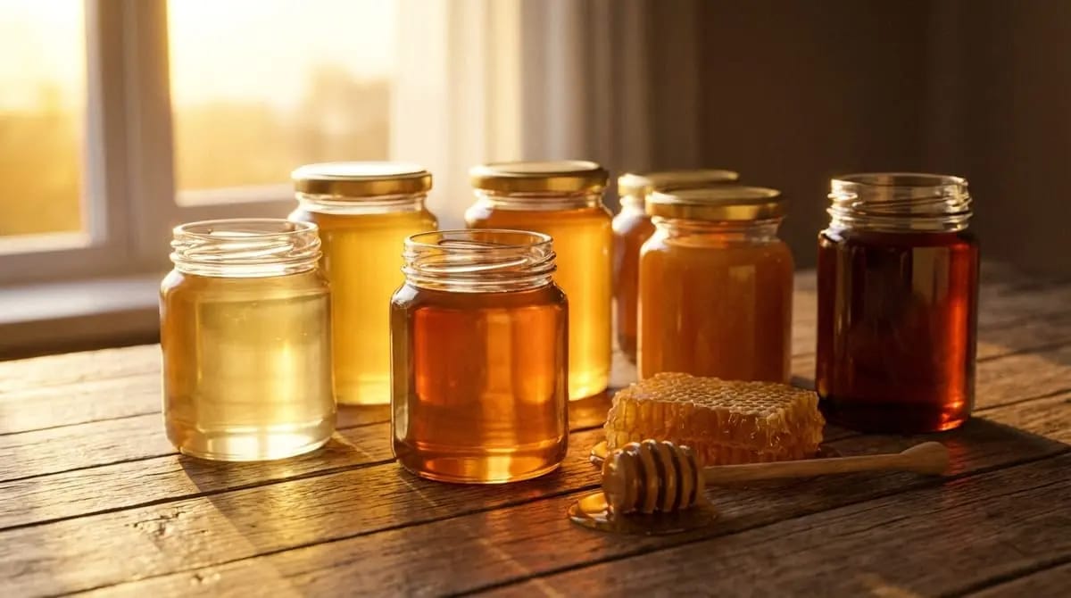 Various honey varieties in jars, neatly arranged on a wooden table