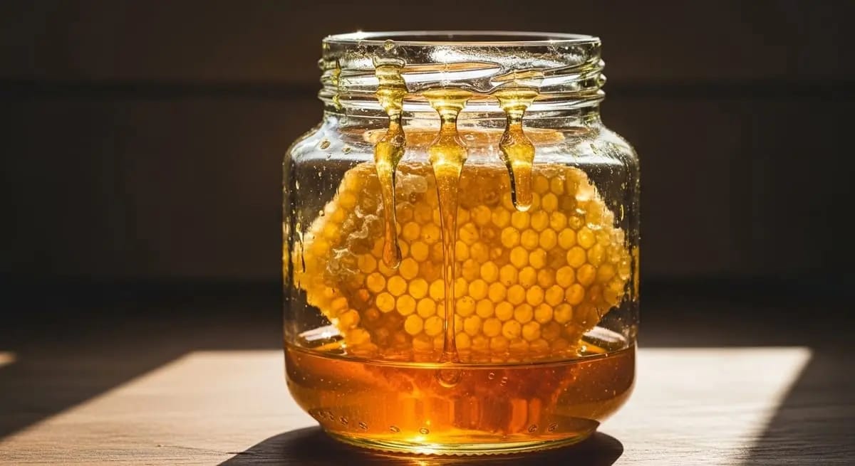 Honey jar in warm amber light