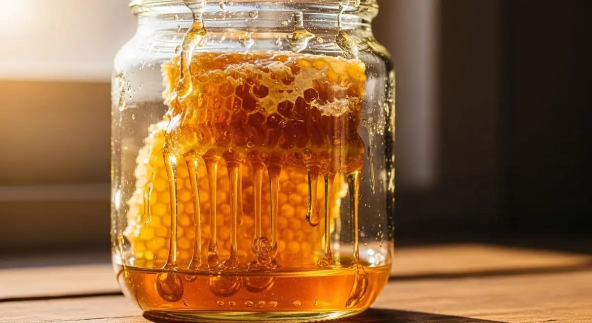 Honey jar with a piece of comb in warm light