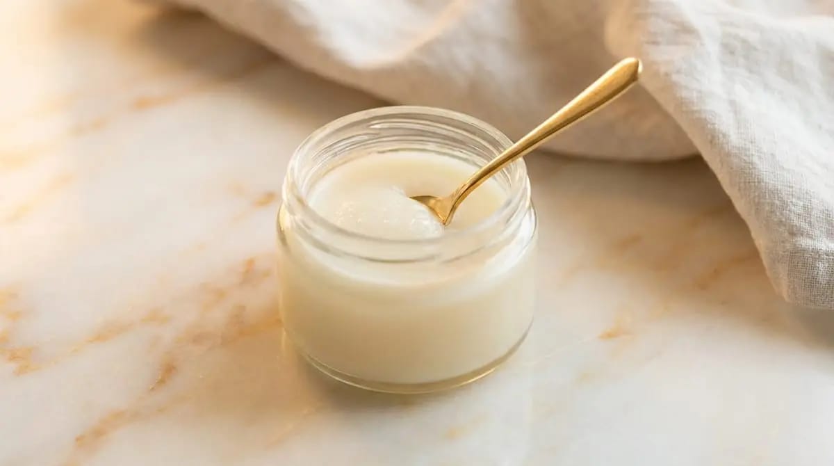 Jar of fine creamy honey in a light colour