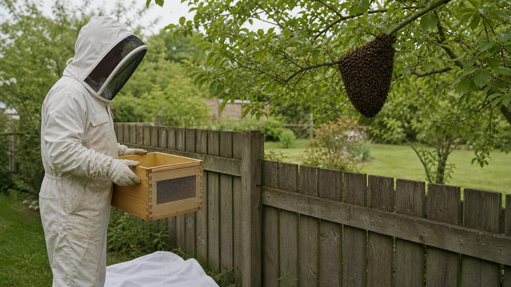 Bienenschwarm hängt an einem Ast auf der anderen Seite eines geschlossenen Gartenzauns; ein Imker wartet mit leerer Schwarmkiste auf der eigenen Seite.