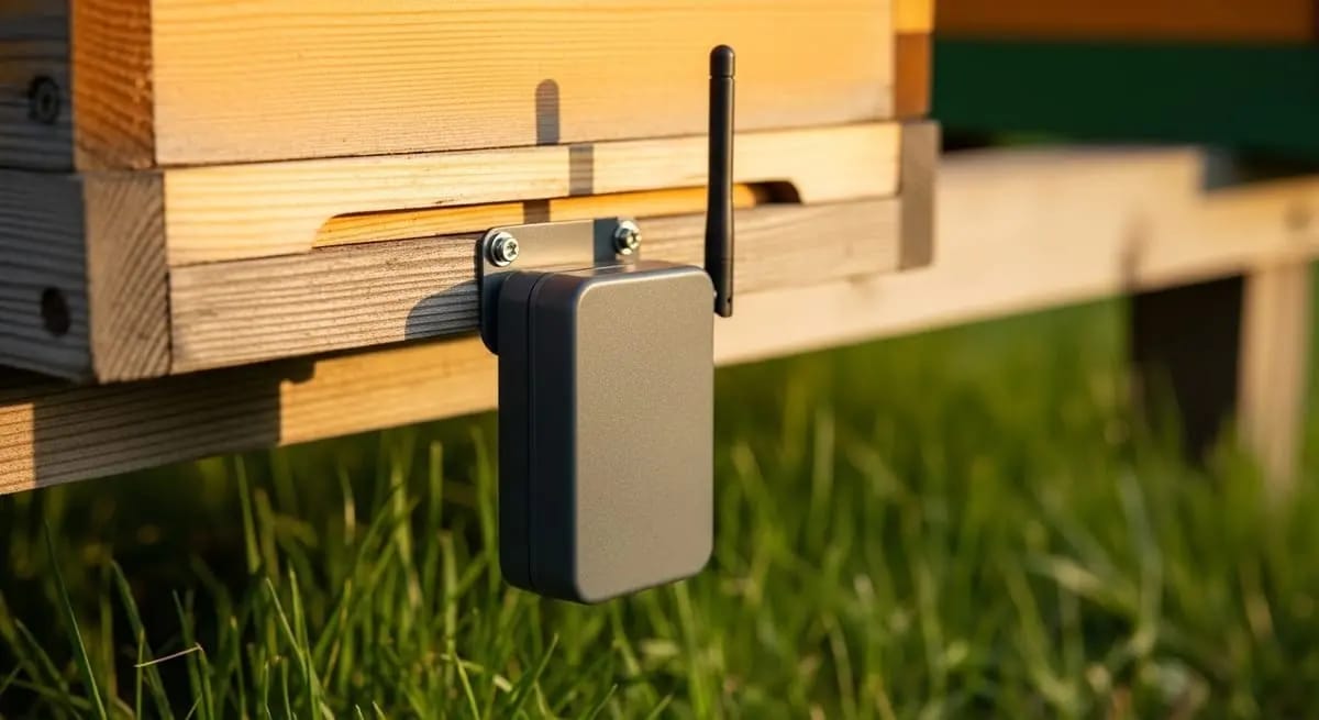 Grey wireless sensor box with antenna screwed to the side of a wooden hive, with more hives and sun-drenched grass behind it.