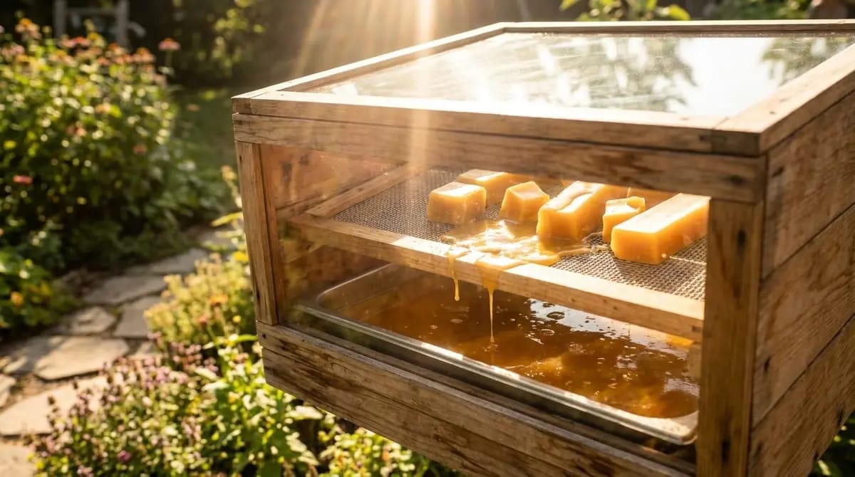 Raw beeswax being melted in a solar wax melter