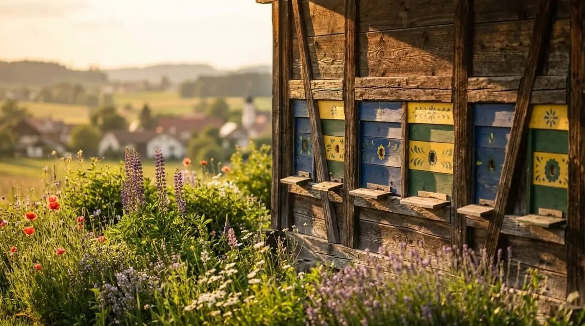 Traditional Bavarian bee house in a green meadow