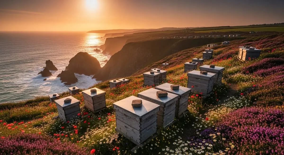 Beehives on the coast with heather in the background