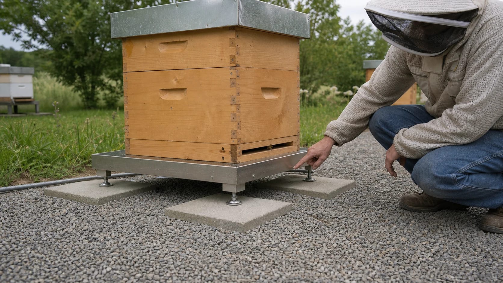 Closed magazine hive rests fully on a hive-scale platform whose feet stand on concrete pavers