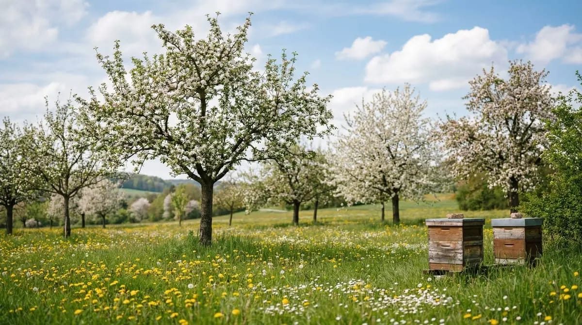Zwei Bienenbeuten auf einer Streuobstwiese mit blühenden Obstbäumen und Löwenzahn