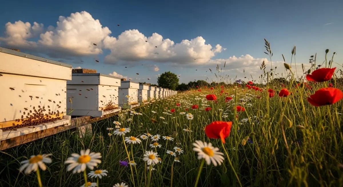 Bee yard with sensor technology among wildflowers
