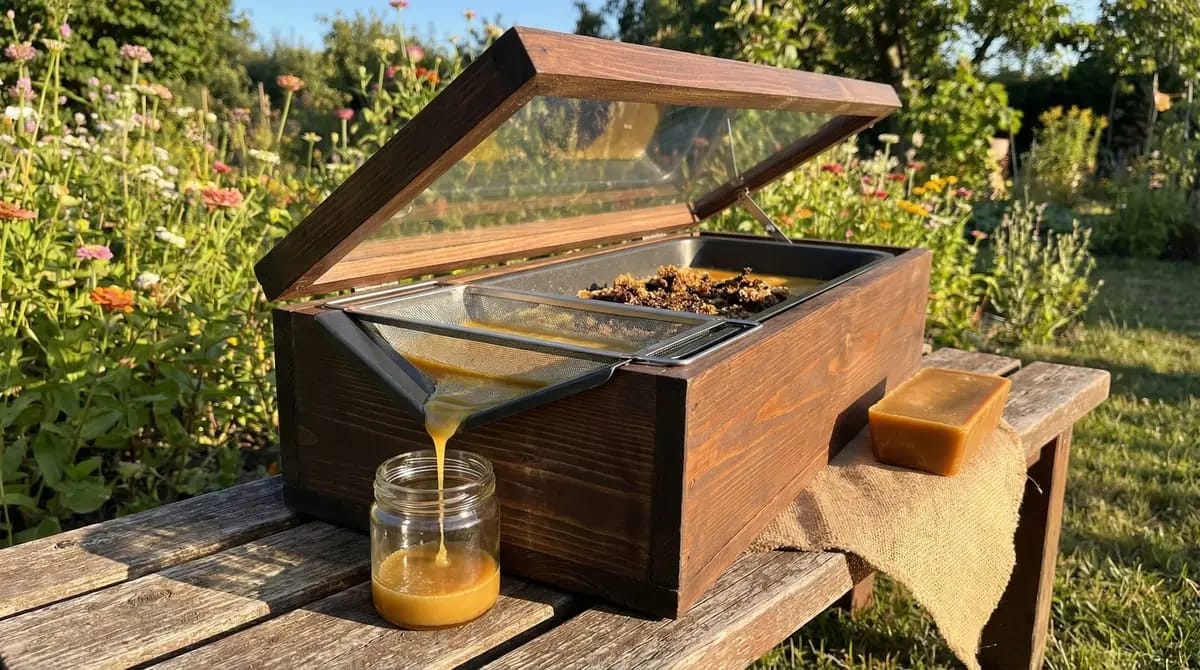 Solar wax melter with glass lid and liquid golden beeswax