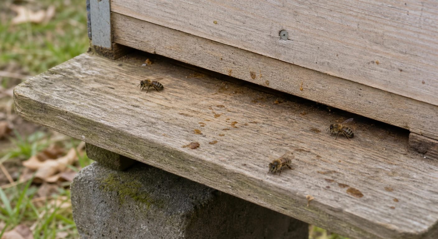 Three bees on a weathered wooden landing board at the hive entrance, with brownish spots on the board.
