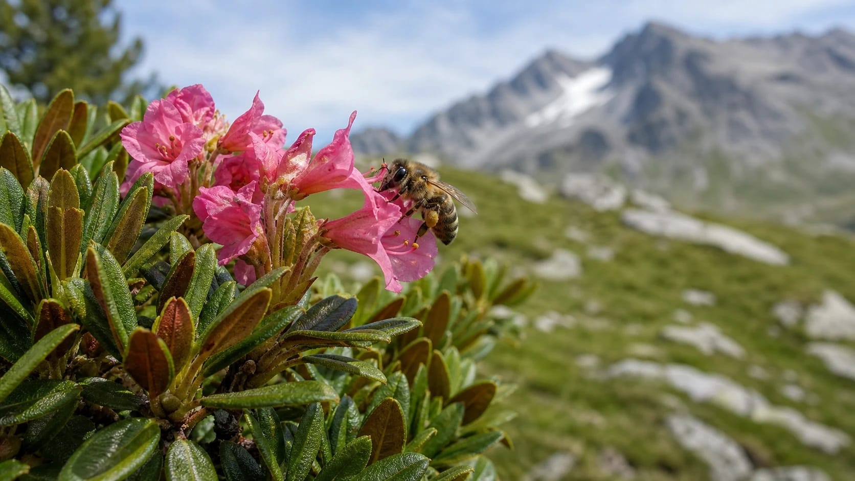 Honey bee forages on pink rusty-leaved alpine-rose flowers against a softly blurred rocky high-Alpine landscape with a late snow patch.
